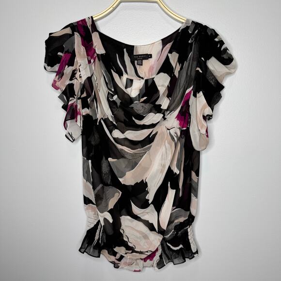 Ted Baker Blouse Size 8 Floral Chiffon Pullover Ruffle Sleeves Cowl Neck Top - Picture 2 of 10